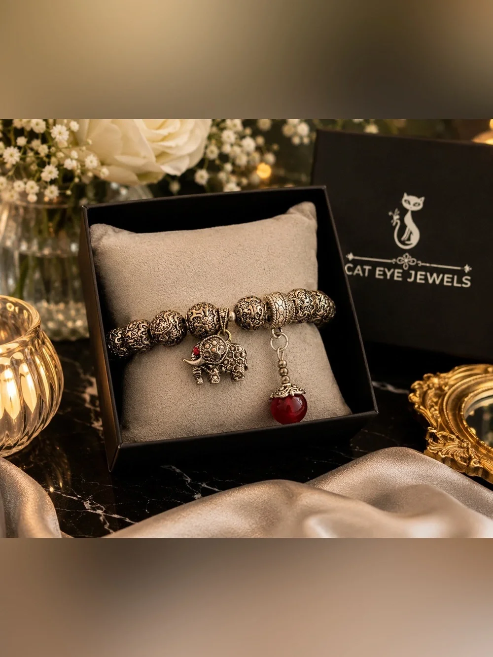 Cat Eye Jewels Tibetan Silver Elephant Charm Bracelet Red Bead Gift Box